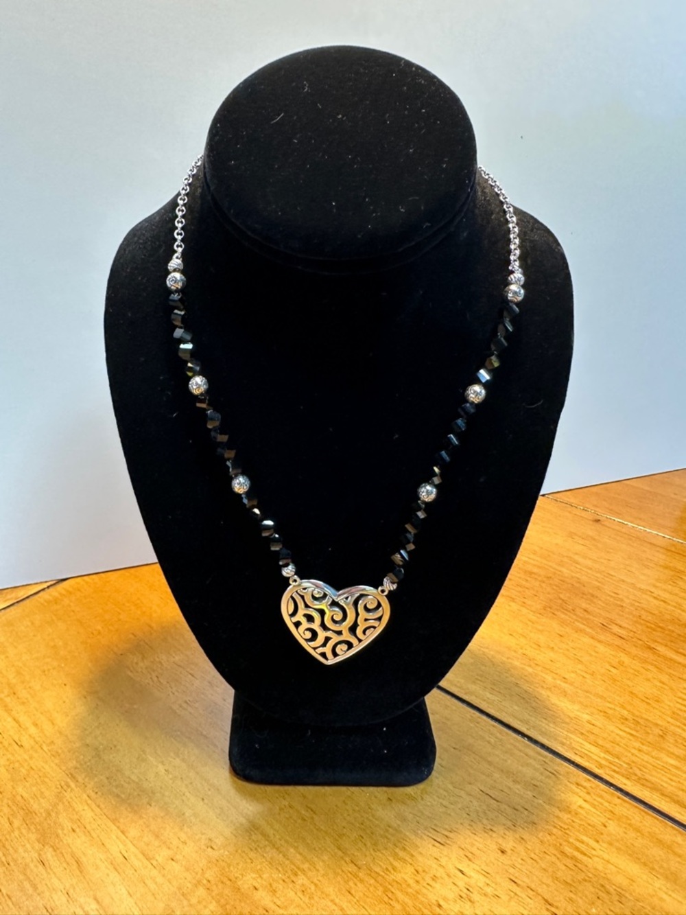 Brighton Black Beaded Necklace with Filigree Heart Pendant